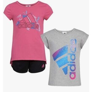 Adidas‎ Girls 3-Piece Set  Pink & Gray Tees & Black Shorts  3T NWT!